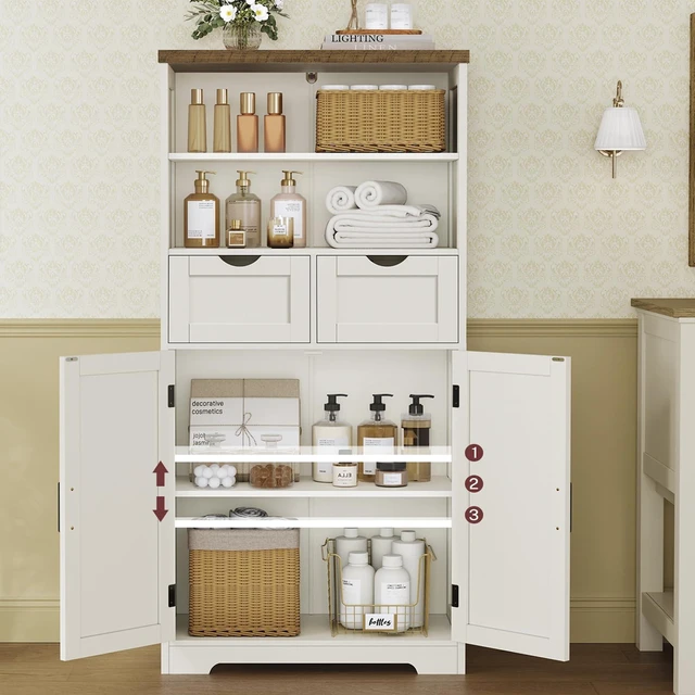 Alt view image 4 of 7 - Storage Cabinet with Doors & 2 Drawers, Kitchen Cabinet with Adjustable Shelf, Pantry Cabinets, Bathroom Cabinets, for Living Room, Entryway, Home Office, White