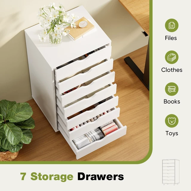 Alt view image 4 of 7 - 7 Drawer Rolling Storage Cabinet with Wheels, Wood Organizer
Fits Under Desk Dresser Chest for Home Office, Bedroom, Small Place, Living Room White