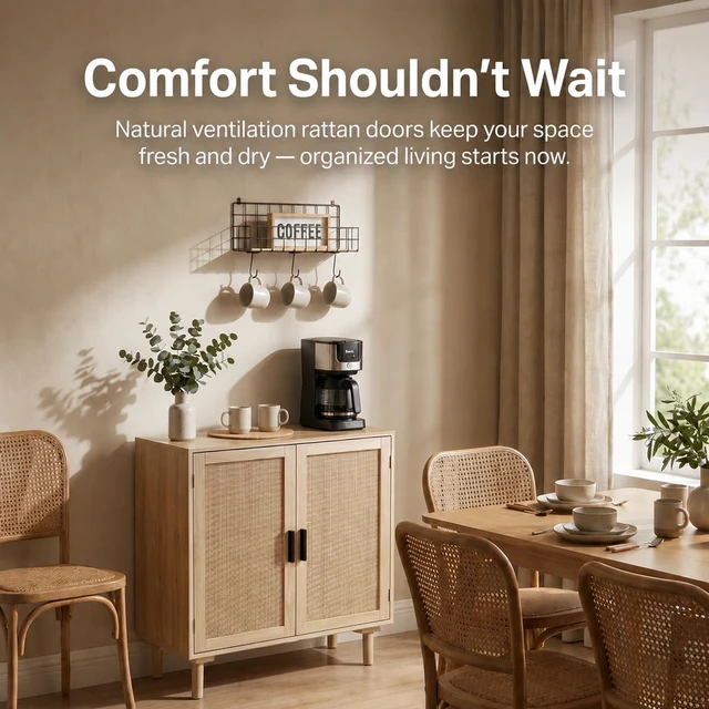 Alt view image 5 of 7 - Sideboard Buffet Cabinet, Kitchen Storage Sideboard with Rattan Decorated Doors, Liquor Coffee Buffet, Dining Room, Hallway, Console Table, Accent