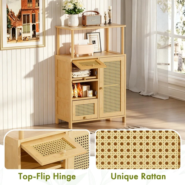 Alt view image 3 of 7 - Sideboard Buffet Cabinet with Storage, Bamboo Storage Cabinets, Rattan Sideboard with Adjustable Shelf, Pantry Cupboard for Kitchen Living Room Entry Coffee Bar, Natural Color
