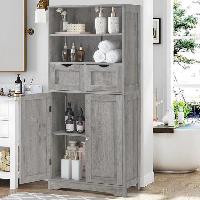 Alt view image 3 of 7 - Storage Cabinet with 2 Drawers & Adjustable Shelf, Tall Bathroom Cabinet with Doors, Cupboard, Kitchen Cabinets for Living Room, Dining Room, Entryway, Grey
