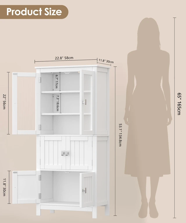 Alt view image 2 of 7 - 53.1" Tall Bathroom Cabinet 6 Doors Linen Floor Storage Cabinet
Bathroom Floor Cabinet with Adjustable Shelf, Pantry Cabinet for Living Room, Kitchen, Entryway, White