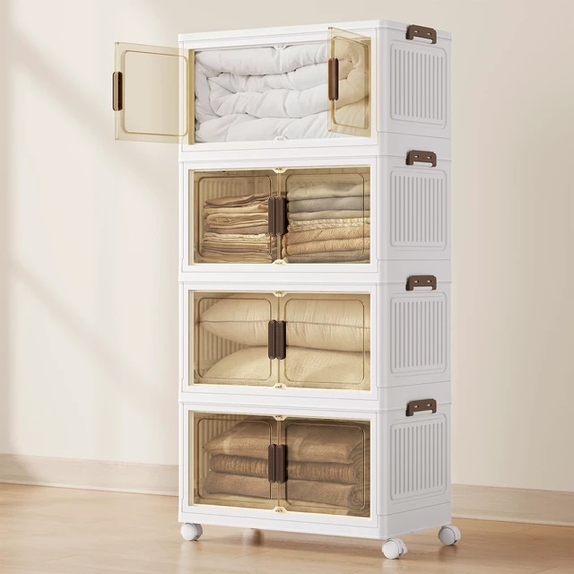 Main image of 58QT stackable storage bins with 1 Lid, 4-Tier Foldable Bins
Collapsible Cabinet, PP Plastic, Magnetic Doors and wheels, 23.6 x 12.2 x 47.2 inch, White, DENNYS Collection URLB460WZ01