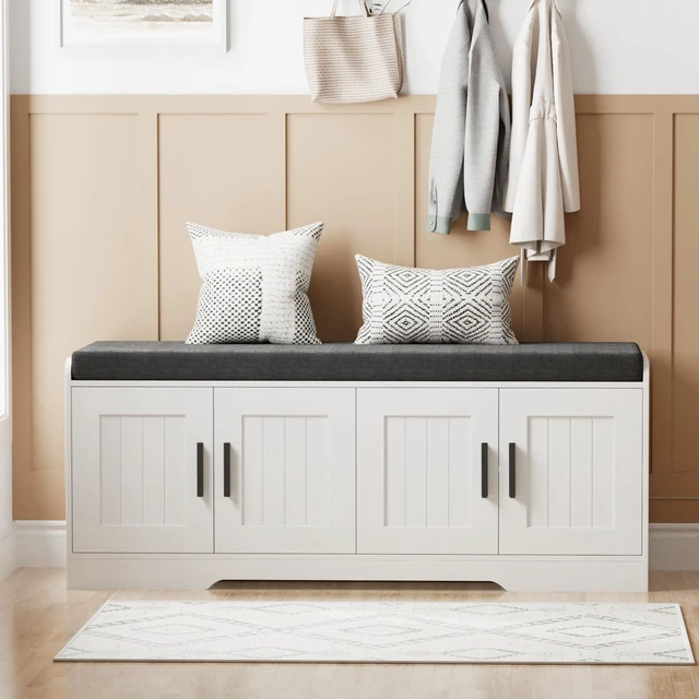 Alt view image 7 of 7 - Shoe Storage Bench, 4 Doors & Thickened Padded Seat Cushion
2-Tier Shoe Bench, Entryway Bench, Adjustable Shelf, 13.8" D x 45.3" W x 18.5" H, for Living Room, Bedroom, White