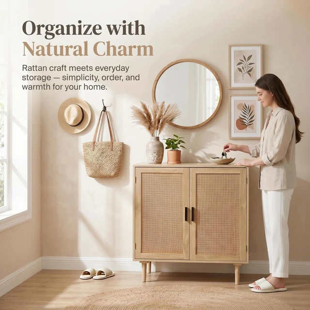Alt view image 6 of 7 - Sideboard Buffet Cabinet, Kitchen Storage Sideboard with Rattan Decorated Doors, Liquor Coffee Buffet, Dining Room, Hallway, Console Table, Accent