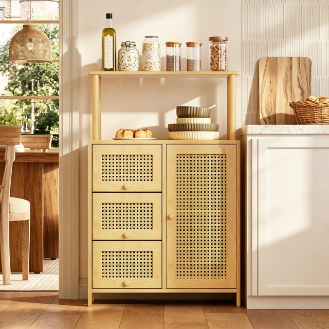 Alt view image 4 of 7 - Sideboard Buffet Cabinet with Storage, Bamboo Storage Cabinets, Rattan Sideboard with Adjustable Shelf, Pantry Cupboard for Kitchen Living Room Entry Coffee Bar, Natural Color