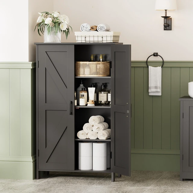 Alt view image 5 of 7 - 43.3" H Farmhouse Bathroom Storage Cabinet with Adjustable Shelves
Freestanding Storage Cabinet with Barn Doors for Bathroom, Kitchen, Living Room, Dining Room & Entryway, Black