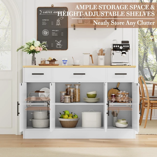 Alt view image 2 of 4 - 53.4" Buffet Cabinet, Kitchen Storage Sideboard, White
Wood Farmhouse Buffet Sideboard with with 3 Drawers 4 Doors,Adjustable Shelf for Kitchen Living Room