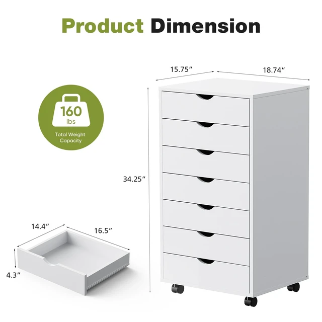 Alt view image 5 of 7 - 7 Drawer Rolling Storage Cabinet with Wheels, Wood Organizer
Fits Under Desk Dresser Chest for Home Office, Bedroom, Small Place, Living Room White