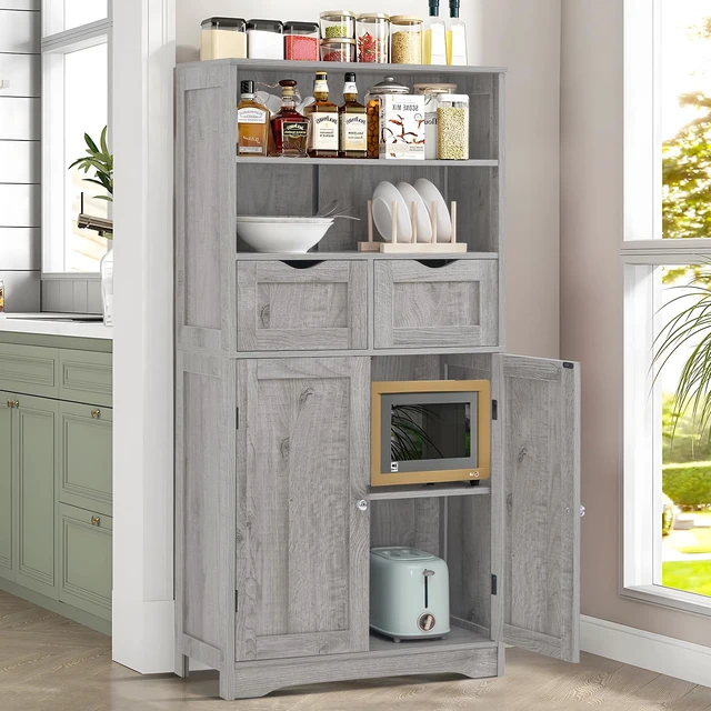 Alt view image 4 of 7 - Storage Cabinet with 2 Drawers & Adjustable Shelf, Tall Bathroom Cabinet with Doors, Cupboard, Kitchen Cabinets for Living Room, Dining Room, Entryway, Grey