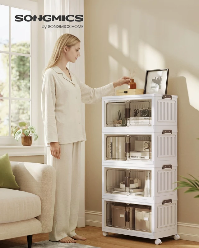 Alt view image 2 of 7 - 58QT stackable storage bins with 1 Lid, 4-Tier Foldable Bins
Collapsible Cabinet, PP Plastic, Magnetic Doors and wheels, 23.6 x 12.2 x 47.2 inch, White, DENNYS Collection URLB460WZ01