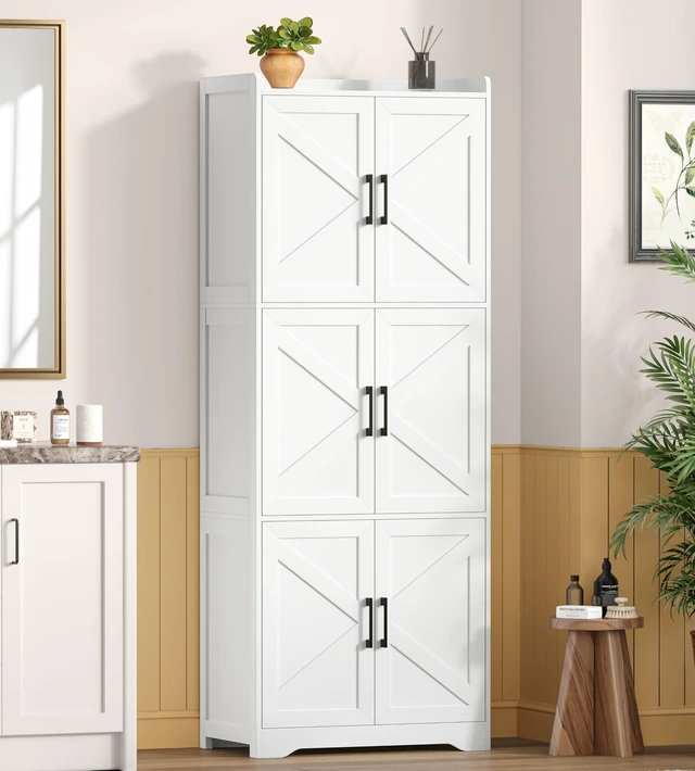 Alt view image 3 of 7 - 60.2''H Tall Bathroom Storage Cabinet with 6 Door, Pantry Cabinet
Farmhouse Floor Bathroom Cabinet, Linen Storage Cabinet with Adjustable Shelves, Kitchen Cabinet for Laundry Room, White