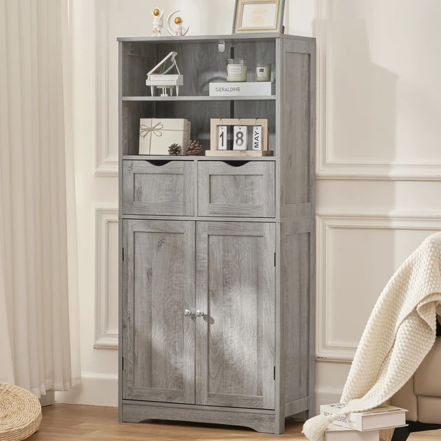 Alt view image 5 of 7 - Storage Cabinet with 2 Drawers & Adjustable Shelf, Tall Bathroom Cabinet with Doors, Cupboard, Kitchen Cabinets for Living Room, Dining Room, Entryway, Grey