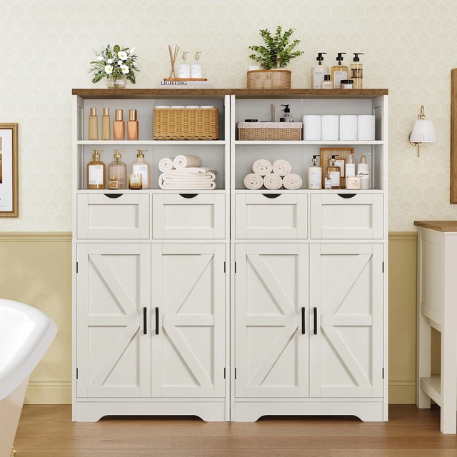 Alt view image 6 of 7 - Storage Cabinet with Doors & 2 Drawers, Kitchen Cabinet with Adjustable Shelf, Pantry Cabinets, Bathroom Cabinets, for Living Room, Entryway, Home Office, White