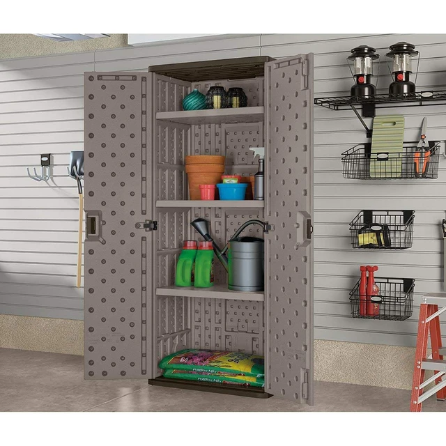 Alt view image 2 of 7 - Tall Storage Cabinet for Garage Organization - 72" Freestanding Utility Closet with Shelving for Garden Supplies, Paint Cans & Outdoor Tools, Multi-Wall Resin Construction, Platinum