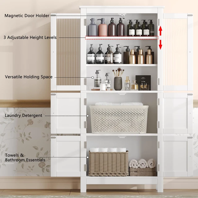 Alt view image 4 of 7 - 53.1" Tall Bathroom Cabinet 6 Doors Linen Floor Storage Cabinet
Bathroom Floor Cabinet with Adjustable Shelf, Pantry Cabinet for Living Room, Kitchen, Entryway, White