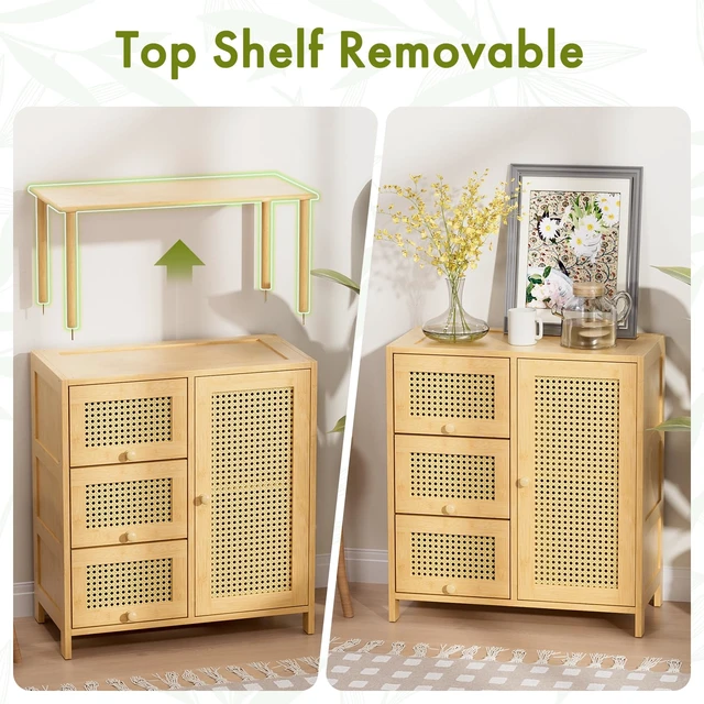 Alt view image 5 of 7 - Sideboard Buffet Cabinet with Storage, Bamboo Storage Cabinets, Rattan Sideboard with Adjustable Shelf, Pantry Cupboard for Kitchen Living Room Entry Coffee Bar, Natural Color