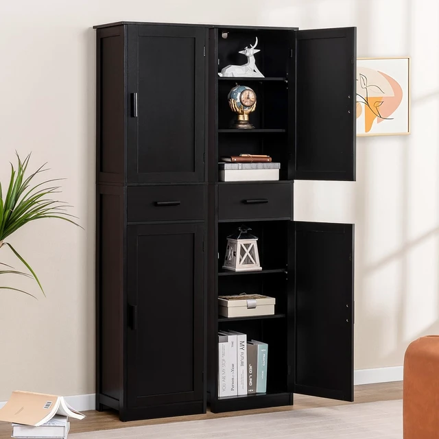Alt view image 4 of 7 - 67'' Tall Storage Cabinet with 4 Shelves & 2 Doors, Bathroom Cabinet with 1 Drawer, Narrow Storage Cabinets for Bathroom, Living Room, Home Office, Black