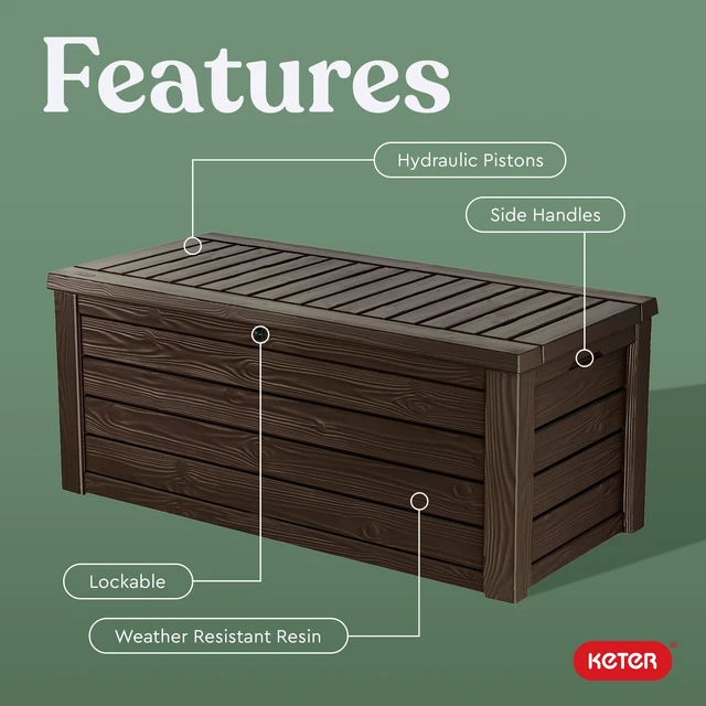 Alt view image 4 of 7 - 150 Gal Outdoor Storage Box for Patio and Pool Accessories
Brown, Resin, Large, Waterproof, Lockable, Easy Lift Pistons, Easy Assembly, Organization, Patio Cushions Storage