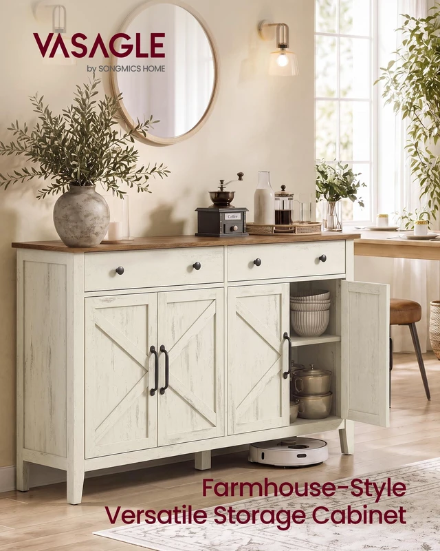 Alt view image 2 of 7 - Farmhouse Buffet Cabinet, Coffee Bar with 2 Drawers
White Sideboard, 55.1 x 15.7 x 31.5 in, Adjustable Shelves, Rustic White and Honey Brown, LIRY Collection, UBBK381W01V1