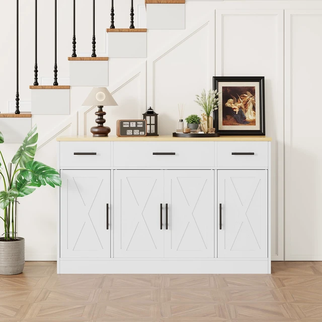 Alt view image 3 of 4 - 53.4" Buffet Cabinet, Kitchen Storage Sideboard, White
Wood Farmhouse Buffet Sideboard with with 3 Drawers 4 Doors,Adjustable Shelf for Kitchen Living Room