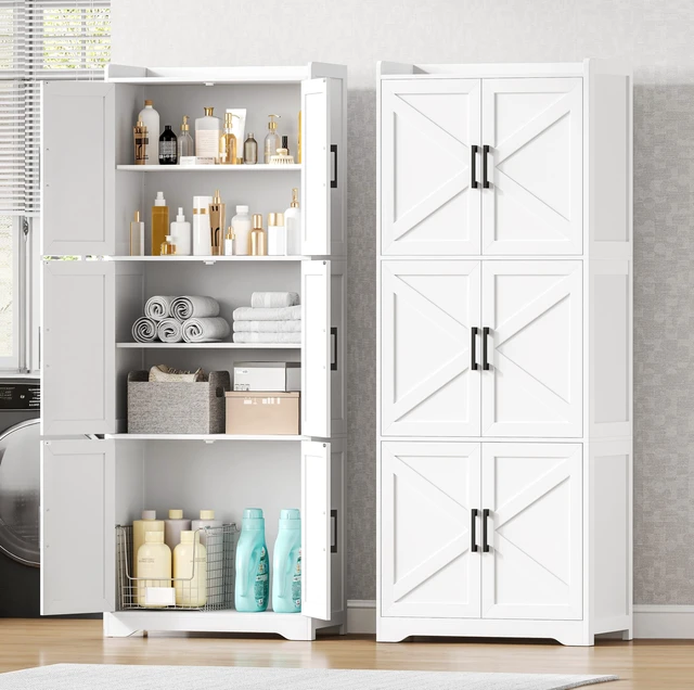 Alt view image 4 of 7 - 60.2''H Tall Bathroom Storage Cabinet with 6 Door, Pantry Cabinet
Farmhouse Floor Bathroom Cabinet, Linen Storage Cabinet with Adjustable Shelves, Kitchen Cabinet for Laundry Room, White