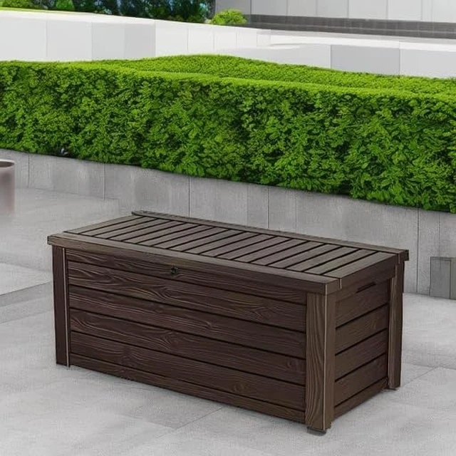 Alt view image 5 of 7 - 150 Gal Outdoor Storage Box for Patio and Pool Accessories
Brown, Resin, Large, Waterproof, Lockable, Easy Lift Pistons, Easy Assembly, Organization, Patio Cushions Storage