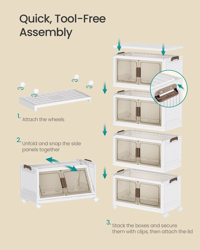 Alt view image 4 of 7 - 58QT stackable storage bins with 1 Lid, 4-Tier Foldable Bins
Collapsible Cabinet, PP Plastic, Magnetic Doors and wheels, 23.6 x 12.2 x 47.2 inch, White, DENNYS Collection URLB460WZ01