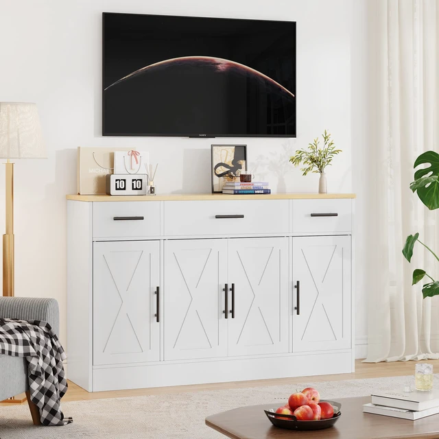 Alt view image 4 of 4 - 53.4" Buffet Cabinet, Kitchen Storage Sideboard, White
Wood Farmhouse Buffet Sideboard with with 3 Drawers 4 Doors,Adjustable Shelf for Kitchen Living Room