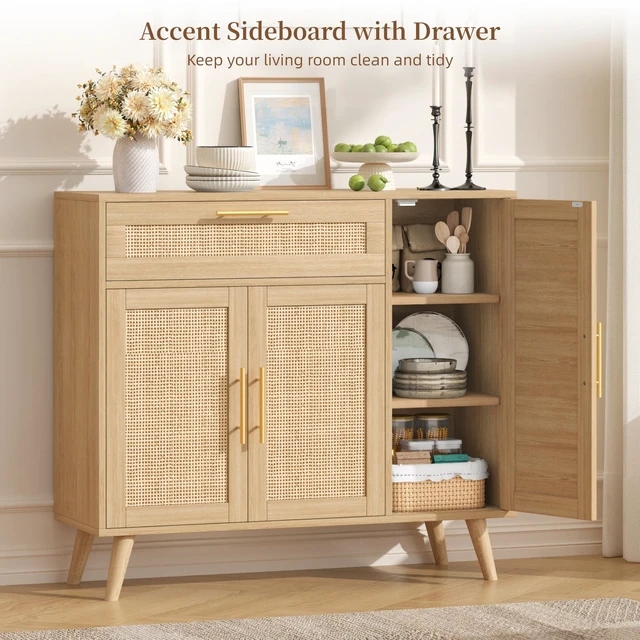 Alt view image 2 of 7 - Kitchen Buffet Cabinet with 3 Doors, Rattan Storage Cabinet
Coffee Bar Cabinet with Adjustable Shelves & Drawer, Sideboard Cabinet with Solid Wood Legs for Living Room, Natural Oak