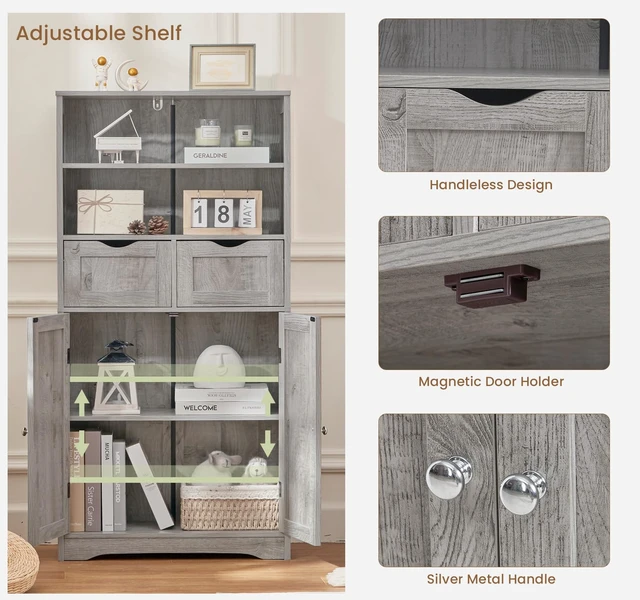 Alt view image 6 of 7 - Storage Cabinet with 2 Drawers & Adjustable Shelf, Tall Bathroom Cabinet with Doors, Cupboard, Kitchen Cabinets for Living Room, Dining Room, Entryway, Grey