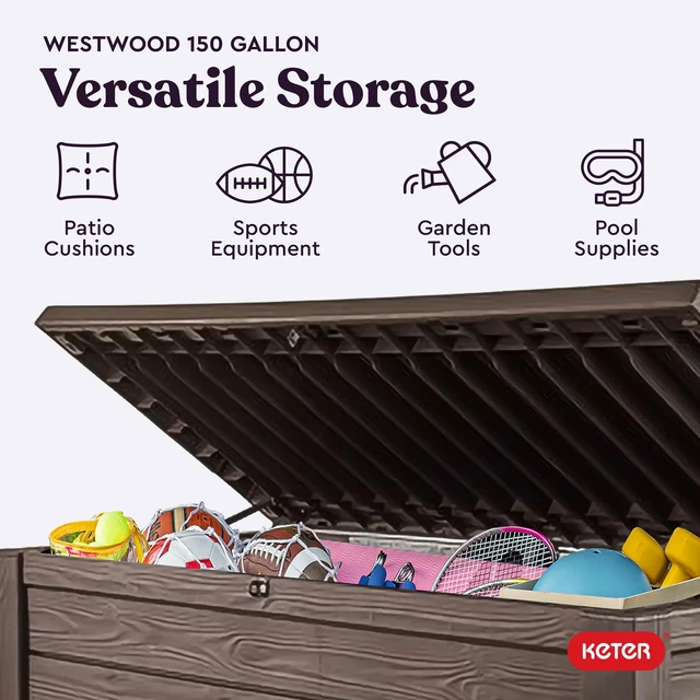 Alt view image 6 of 7 - 150 Gal Outdoor Storage Box for Patio and Pool Accessories
Brown, Resin, Large, Waterproof, Lockable, Easy Lift Pistons, Easy Assembly, Organization, Patio Cushions Storage