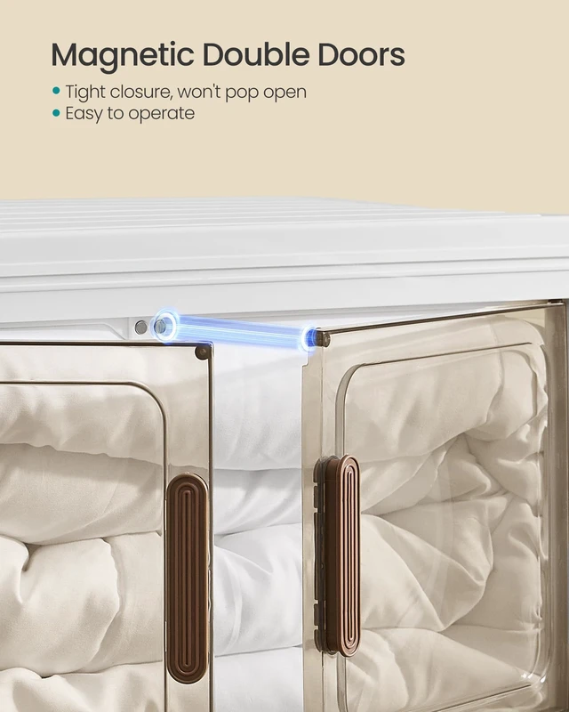 Alt view image 5 of 7 - 58QT stackable storage bins with 1 Lid, 4-Tier Foldable Bins
Collapsible Cabinet, PP Plastic, Magnetic Doors and wheels, 23.6 x 12.2 x 47.2 inch, White, DENNYS Collection URLB460WZ01
