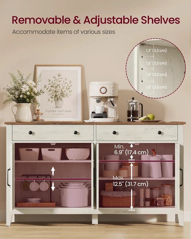 Alt view image 3 of 7 - Farmhouse Buffet Cabinet, Coffee Bar with 2 Drawers
White Sideboard, 55.1 x 15.7 x 31.5 in, Adjustable Shelves, Rustic White and Honey Brown, LIRY Collection, UBBK381W01V1