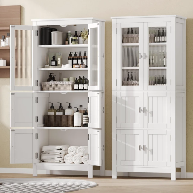 Alt view image 5 of 7 - 53.1" Tall Bathroom Cabinet 6 Doors Linen Floor Storage Cabinet
Bathroom Floor Cabinet with Adjustable Shelf, Pantry Cabinet for Living Room, Kitchen, Entryway, White