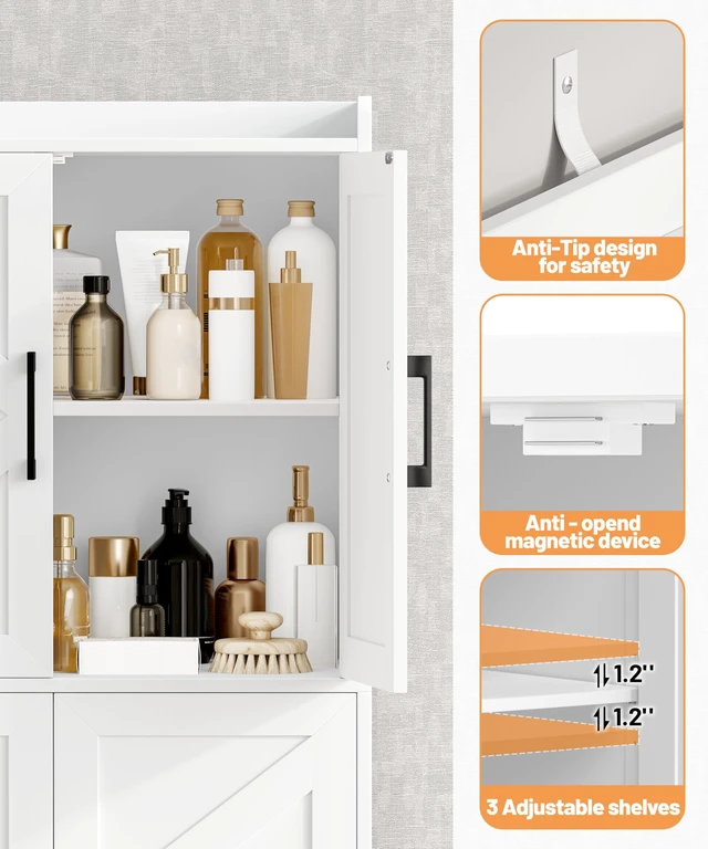 Alt view image 5 of 7 - 60.2''H Tall Bathroom Storage Cabinet with 6 Door, Pantry Cabinet
Farmhouse Floor Bathroom Cabinet, Linen Storage Cabinet with Adjustable Shelves, Kitchen Cabinet for Laundry Room, White