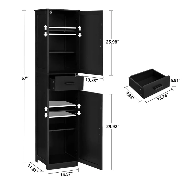 Alt view image 6 of 7 - 67'' Tall Storage Cabinet with 4 Shelves & 2 Doors, Bathroom Cabinet with 1 Drawer, Narrow Storage Cabinets for Bathroom, Living Room, Home Office, Black