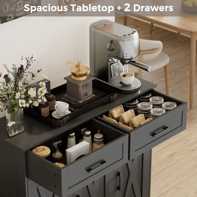 Alt view image 4 of 7 - Coffee Bar Storage Cabinet with Drawers, Kitchen Buffet Cabinet
Sideboard Cabinet with Doors, Farmhouse Buffet Cabinet, Adjustable Shelves, for Kitchen / Dining / Living Room, Black