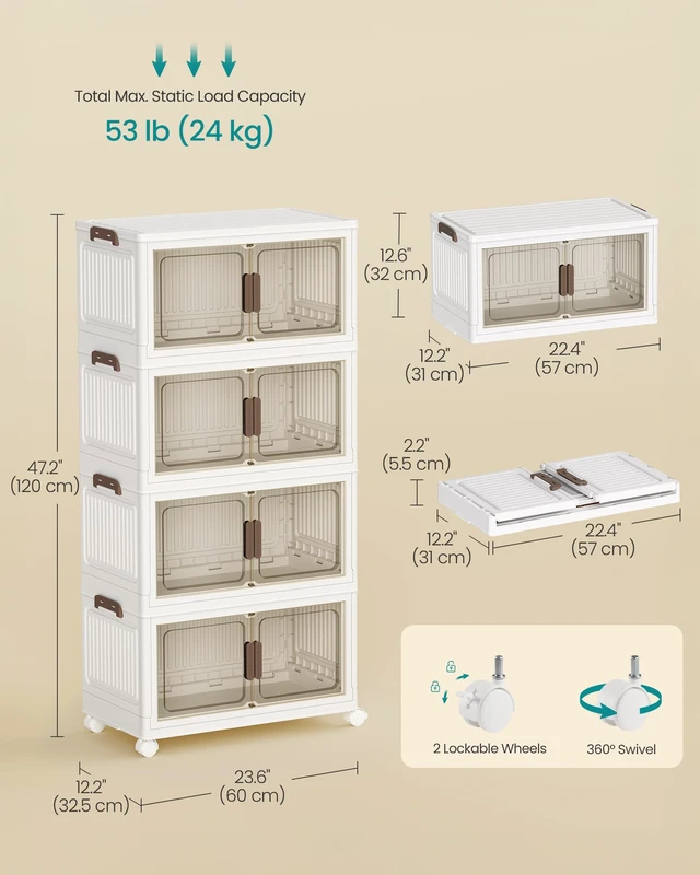 Alt view image 6 of 7 - 58QT stackable storage bins with 1 Lid, 4-Tier Foldable Bins
Collapsible Cabinet, PP Plastic, Magnetic Doors and wheels, 23.6 x 12.2 x 47.2 inch, White, DENNYS Collection URLB460WZ01