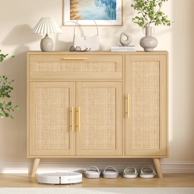 Alt view image 3 of 7 - Kitchen Buffet Cabinet with 3 Doors, Rattan Storage Cabinet
Coffee Bar Cabinet with Adjustable Shelves & Drawer, Sideboard Cabinet with Solid Wood Legs for Living Room, Natural Oak