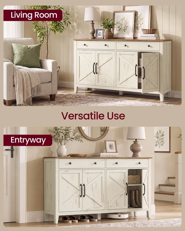 Alt view image 5 of 7 - Farmhouse Buffet Cabinet, Coffee Bar with 2 Drawers
White Sideboard, 55.1 x 15.7 x 31.5 in, Adjustable Shelves, Rustic White and Honey Brown, LIRY Collection, UBBK381W01V1