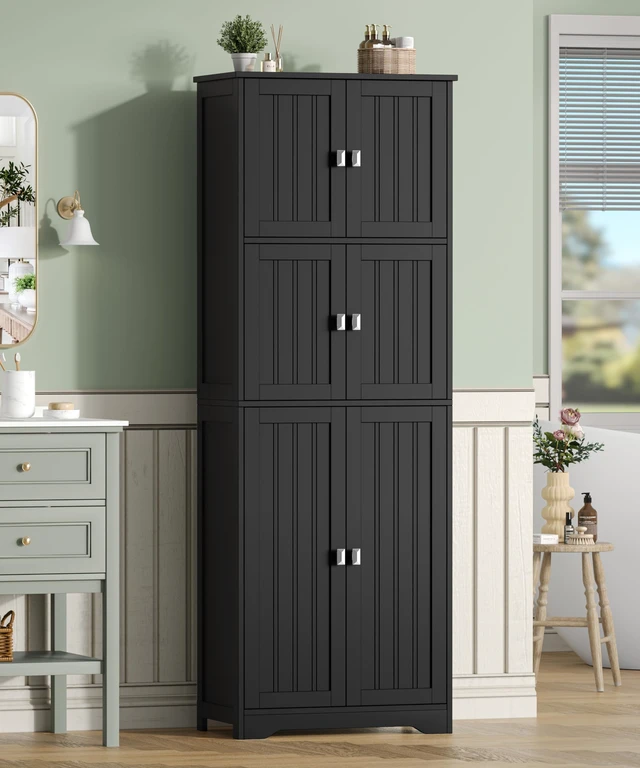 Alt view image 2 of 6 - Bathroom Storage Cabinet, 63" H Linen Floor Cabinet
Pantry Storage Cabinet with 6 Doors and Adjustable Shelves, for Bathroom, Living Room, Laundry Room, Kitchen, Black