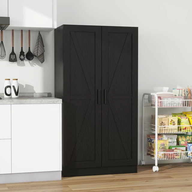 Alt view image 2 of 7 - Storage Cabinet, Collection Food Pantry Narrow Cabinet Free Standing with 2 Doors and 3 Shelves Tool Cabinet, for Kitchens, Living Room, Utility Rooms (Black)