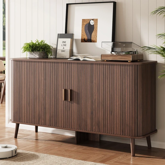 Main image of 55" Fluted Sideboard Buffet Cabinet with Sliding Door, Mid-Century Modern Wood Sideboard, Adjustable Shelf, Coffee Bar Cabinet with Storage for Kitchen, Walnut