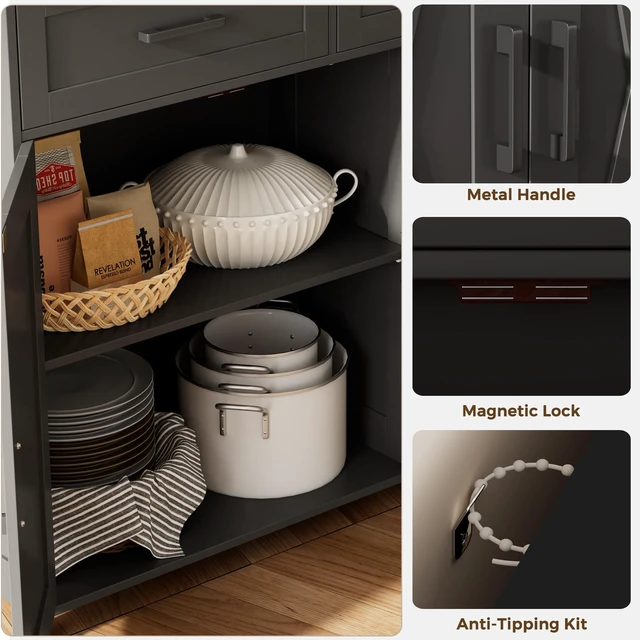 Alt view image 5 of 7 - Coffee Bar Storage Cabinet with Drawers, Kitchen Buffet Cabinet
Sideboard Cabinet with Doors, Farmhouse Buffet Cabinet, Adjustable Shelves, for Kitchen / Dining / Living Room, Black