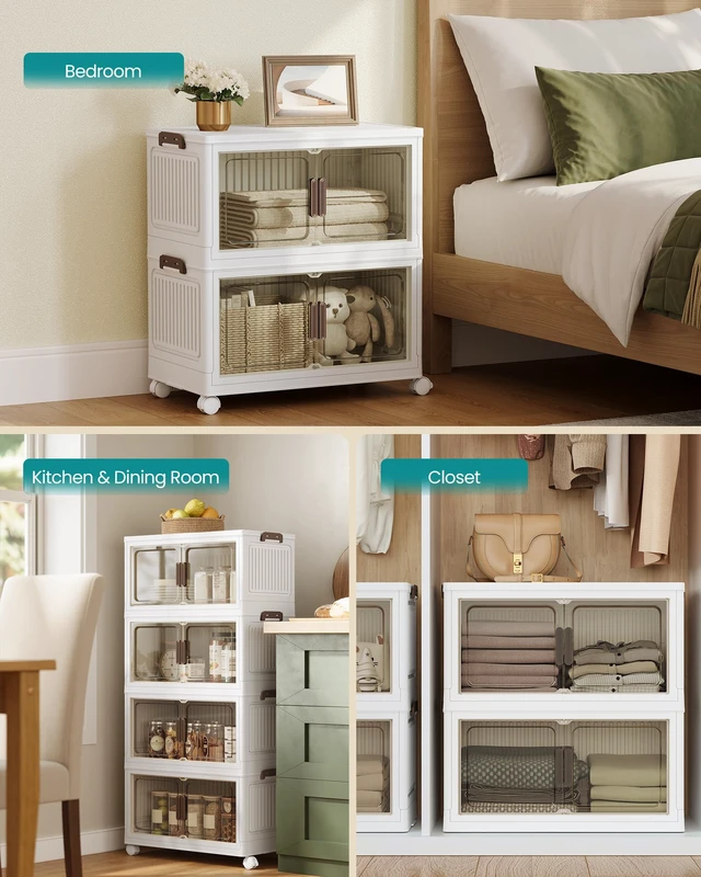 Alt view image 7 of 7 - 58QT stackable storage bins with 1 Lid, 4-Tier Foldable Bins
Collapsible Cabinet, PP Plastic, Magnetic Doors and wheels, 23.6 x 12.2 x 47.2 inch, White, DENNYS Collection URLB460WZ01