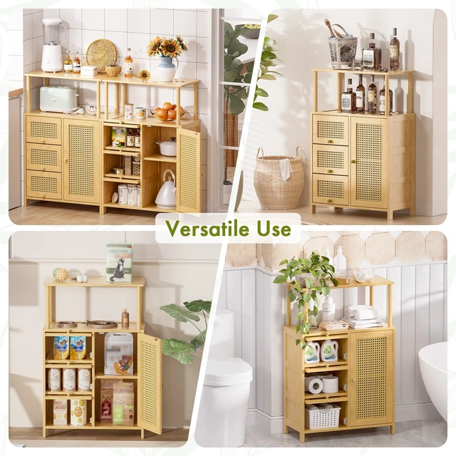 Alt view image 6 of 7 - Sideboard Buffet Cabinet with Storage, Bamboo Storage Cabinets, Rattan Sideboard with Adjustable Shelf, Pantry Cupboard for Kitchen Living Room Entry Coffee Bar, Natural Color