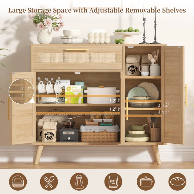 Alt view image 4 of 7 - Kitchen Buffet Cabinet with 3 Doors, Rattan Storage Cabinet
Coffee Bar Cabinet with Adjustable Shelves & Drawer, Sideboard Cabinet with Solid Wood Legs for Living Room, Natural Oak