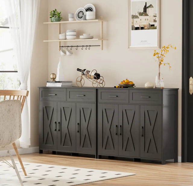 Alt view image 6 of 7 - Coffee Bar Storage Cabinet with Drawers, Kitchen Buffet Cabinet
Sideboard Cabinet with Doors, Farmhouse Buffet Cabinet, Adjustable Shelves, for Kitchen / Dining / Living Room, Black