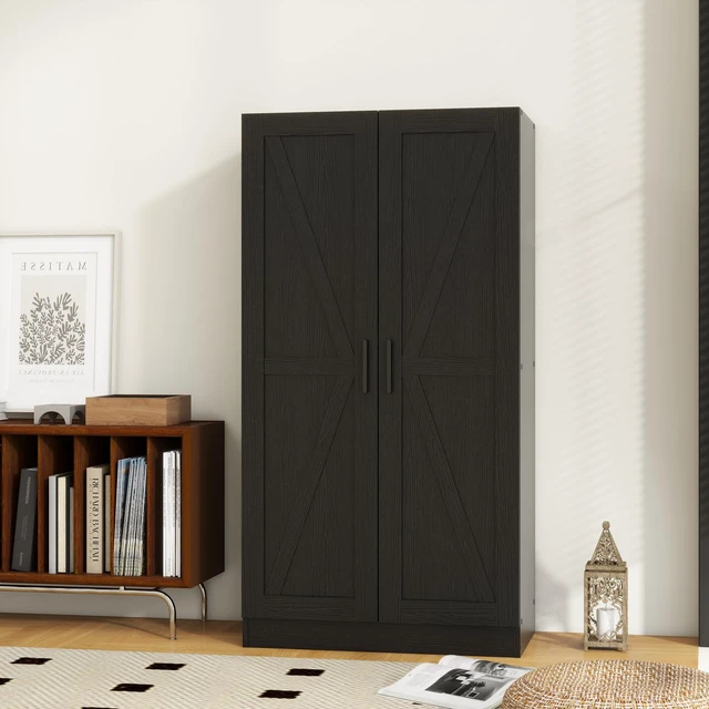 Alt view image 3 of 7 - Storage Cabinet, Collection Food Pantry Narrow Cabinet Free Standing with 2 Doors and 3 Shelves Tool Cabinet, for Kitchens, Living Room, Utility Rooms (Black)
